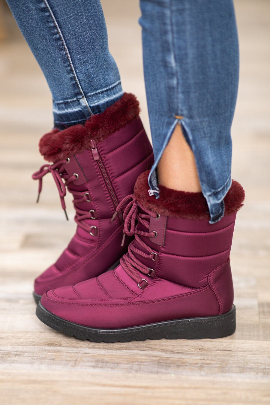Burgundy Faux Fur Lined Quilted Boots - Filly Flair