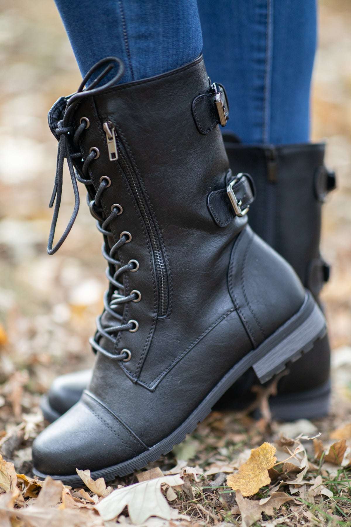Black Lace Up Boots With Buckle Detail - Filly Flair