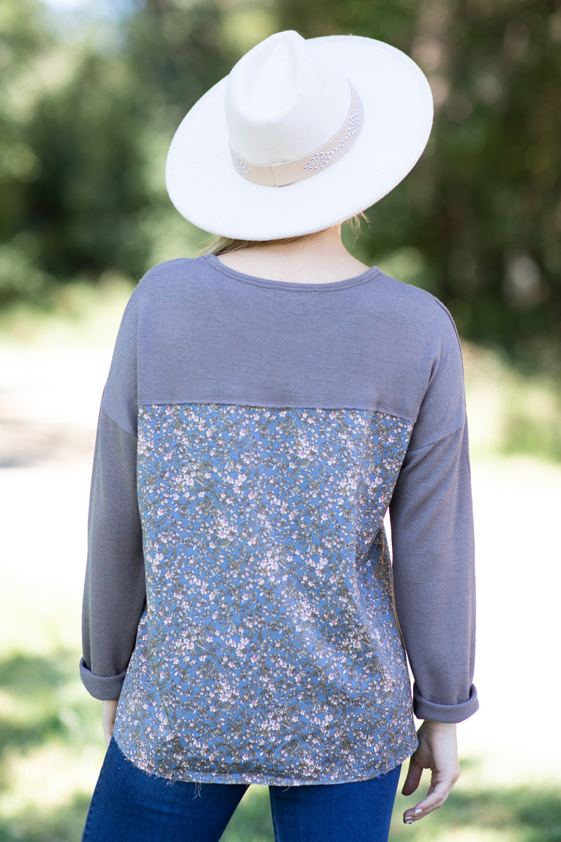 Mocha and Dusty Blue Floral Print Top - Filly Flair