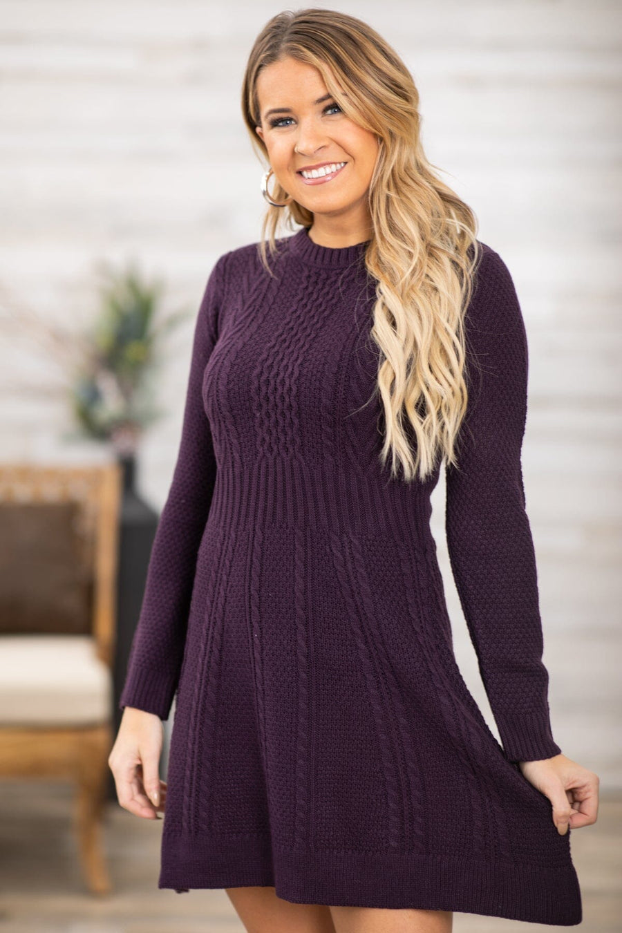 Purple Cable Knit Sweater Dress - Filly Flair
