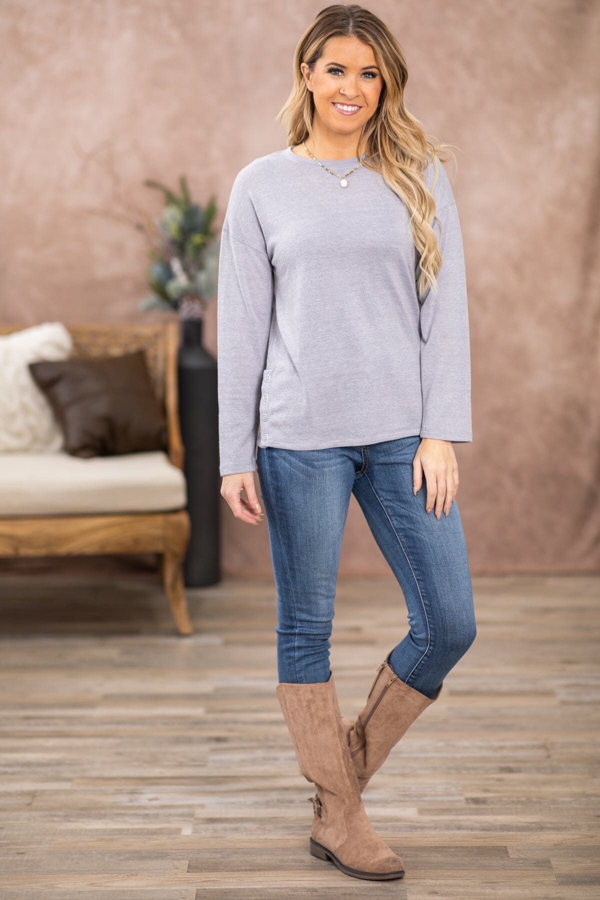 Grey Crew Neck Top With Snap Detail - Filly Flair