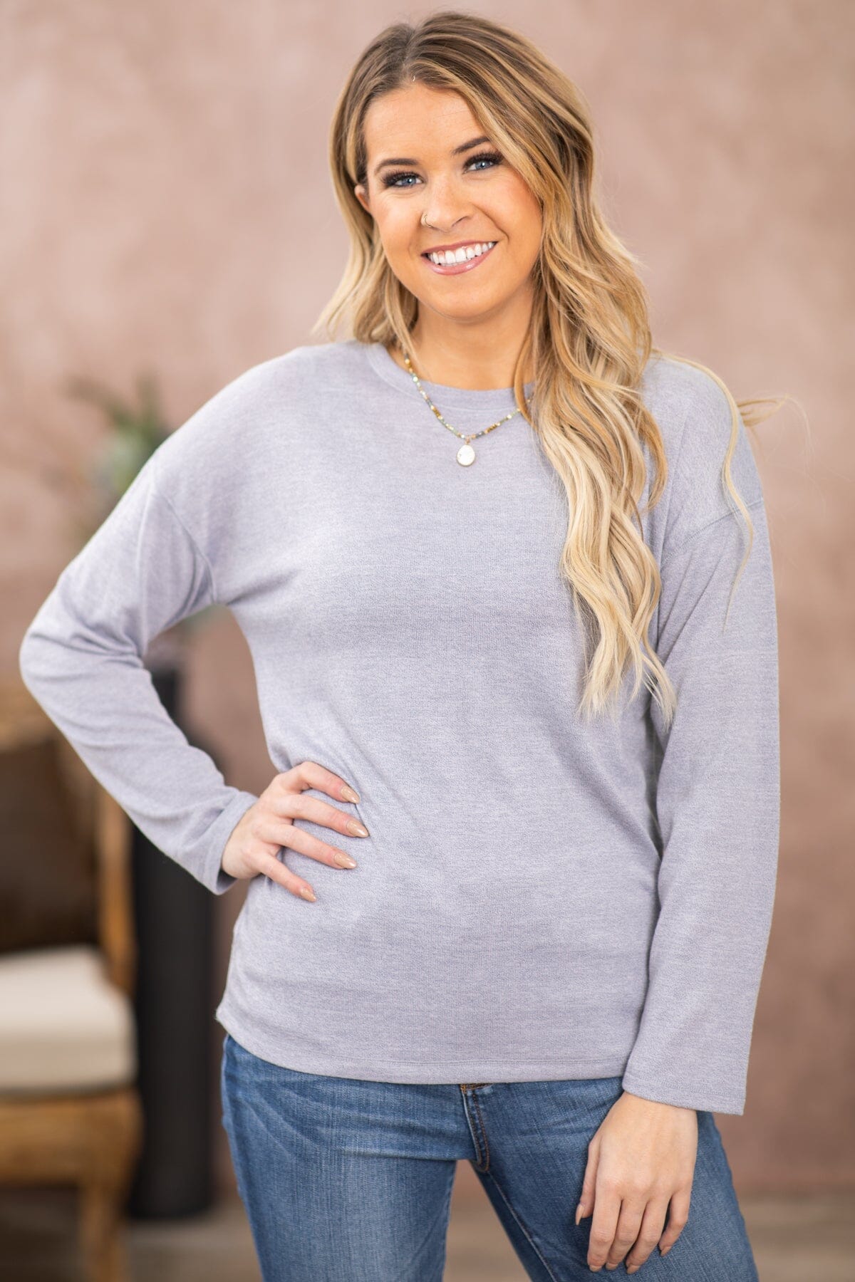 Grey Crew Neck Top With Snap Detail - Filly Flair