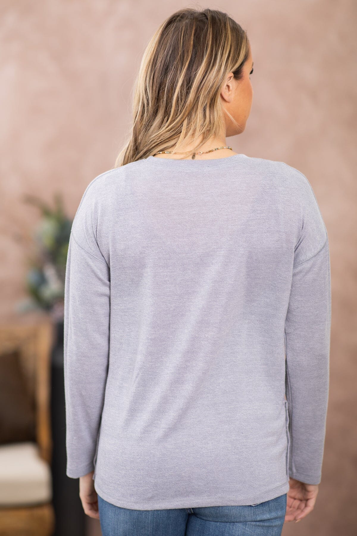 Grey Crew Neck Top With Snap Detail - Filly Flair