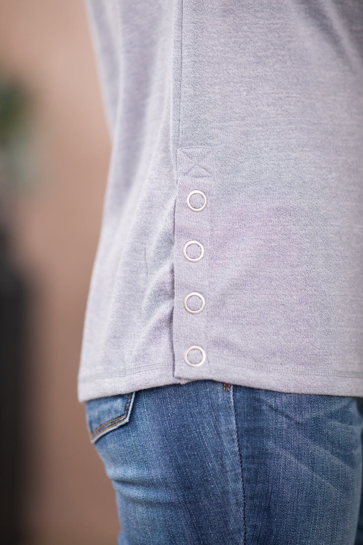 Grey Crew Neck Top With Snap Detail - Filly Flair