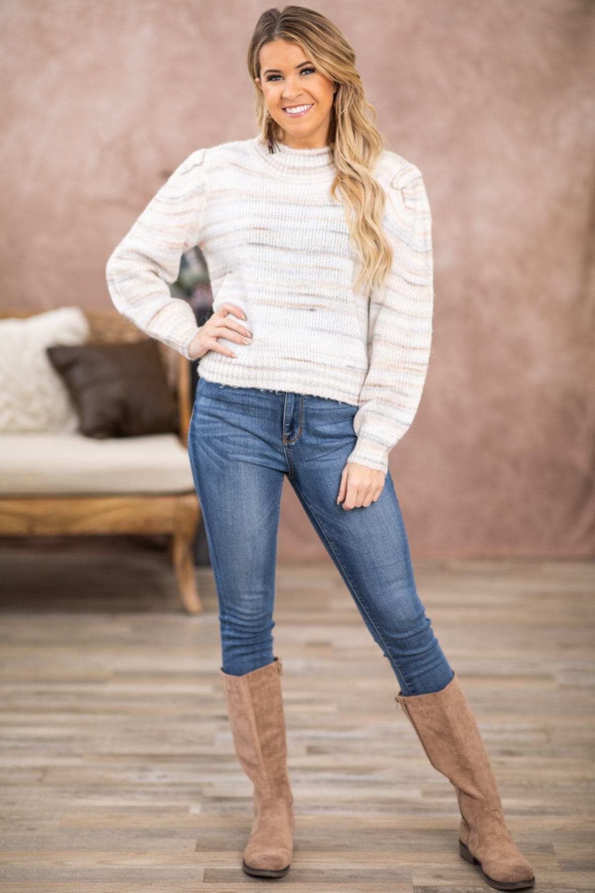 Tan and Grey Melange Mock Neck Sweater - Filly Flair
