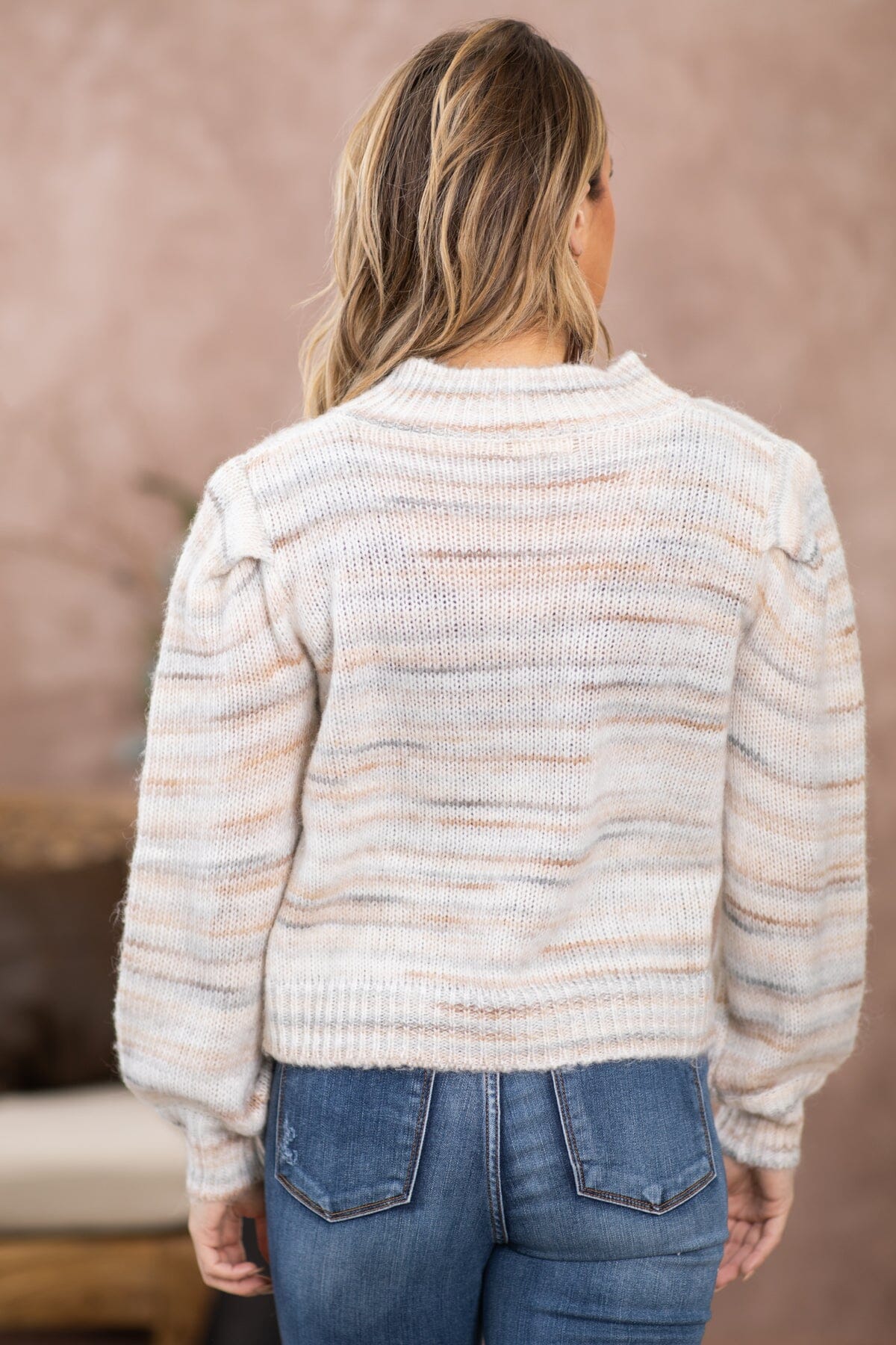 Tan and Grey Melange Mock Neck Sweater - Filly Flair