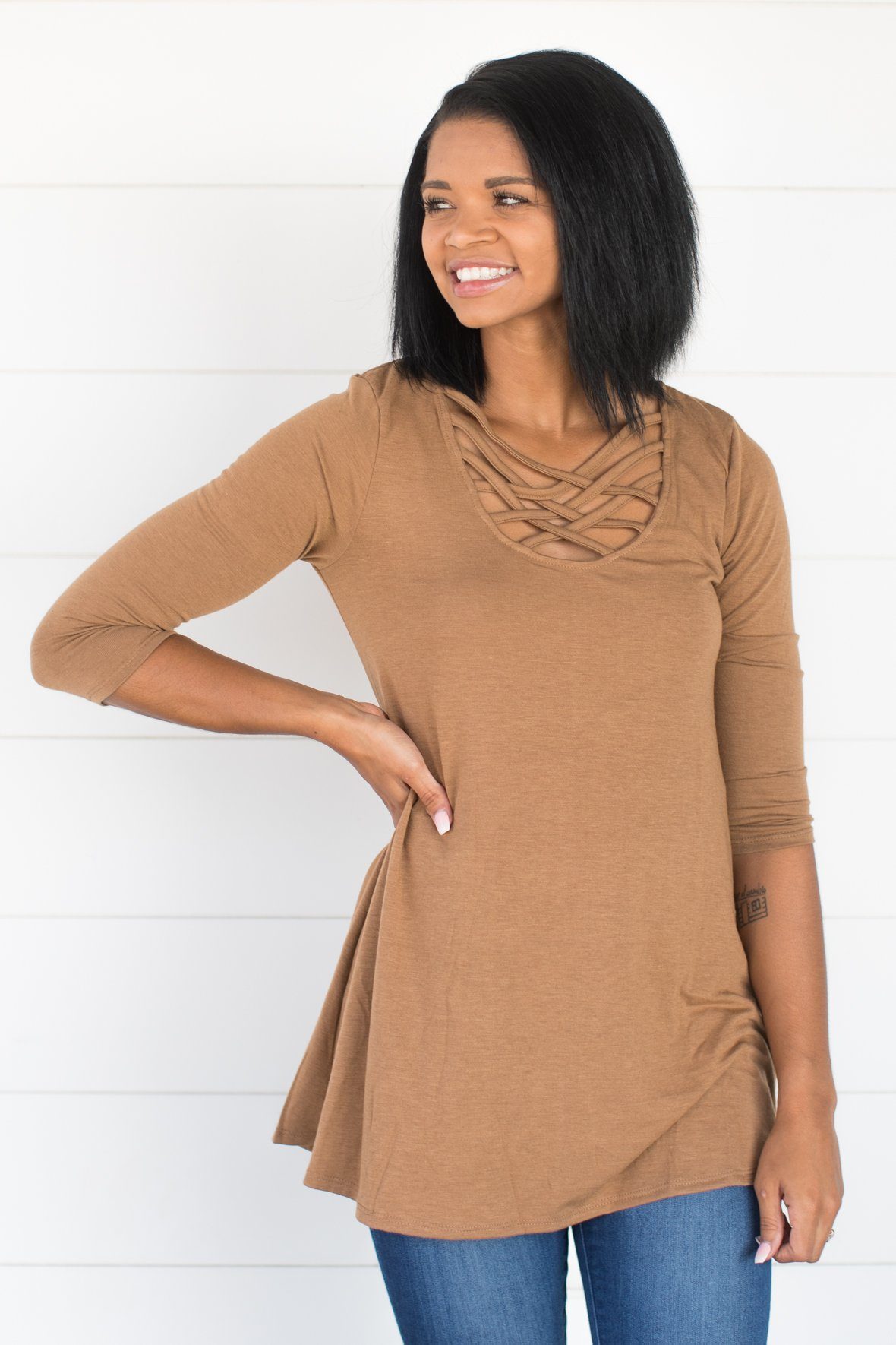 Always Love You Criss Cross V-Neck 3/4 Sleeve Top in Coco - Filly Flair