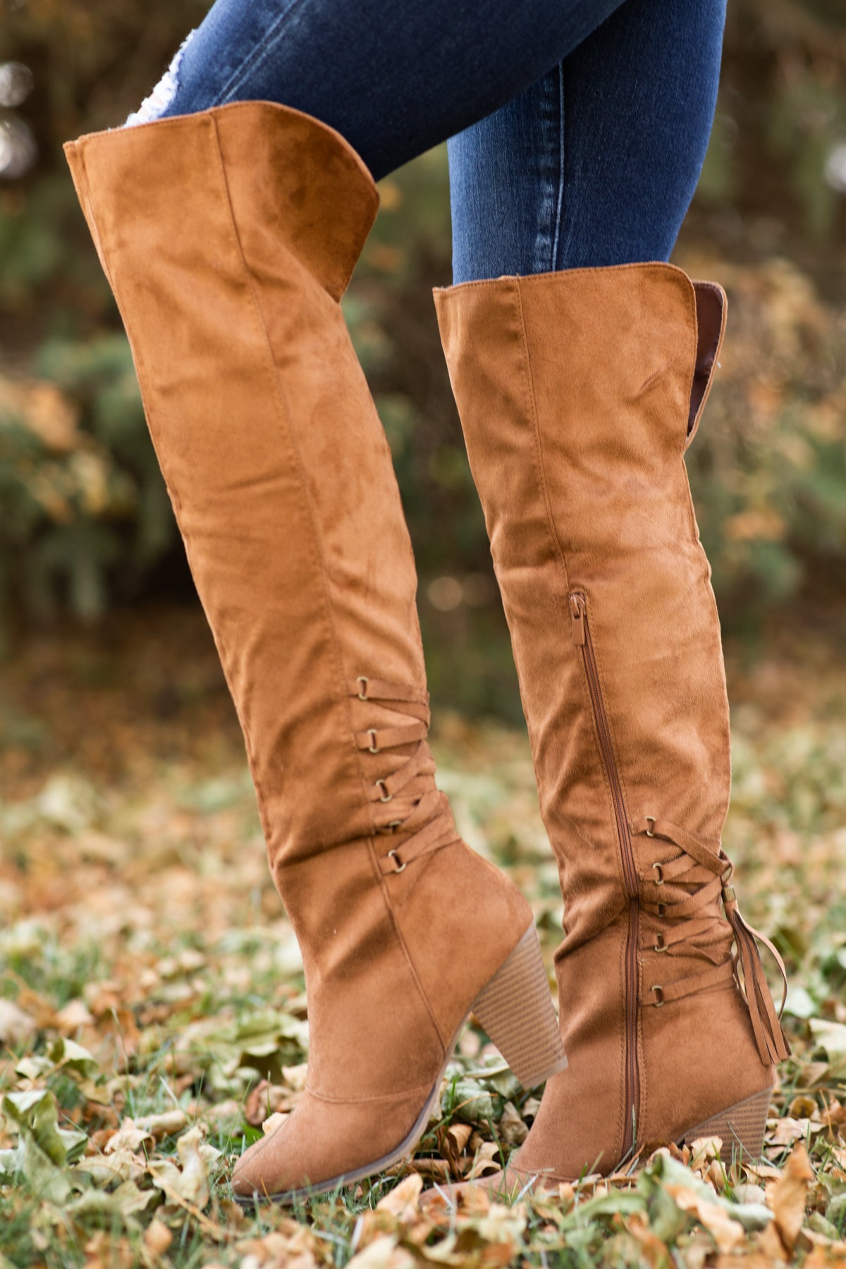 Camel Faux Suede Tall Boots With Tassel - Filly Flair