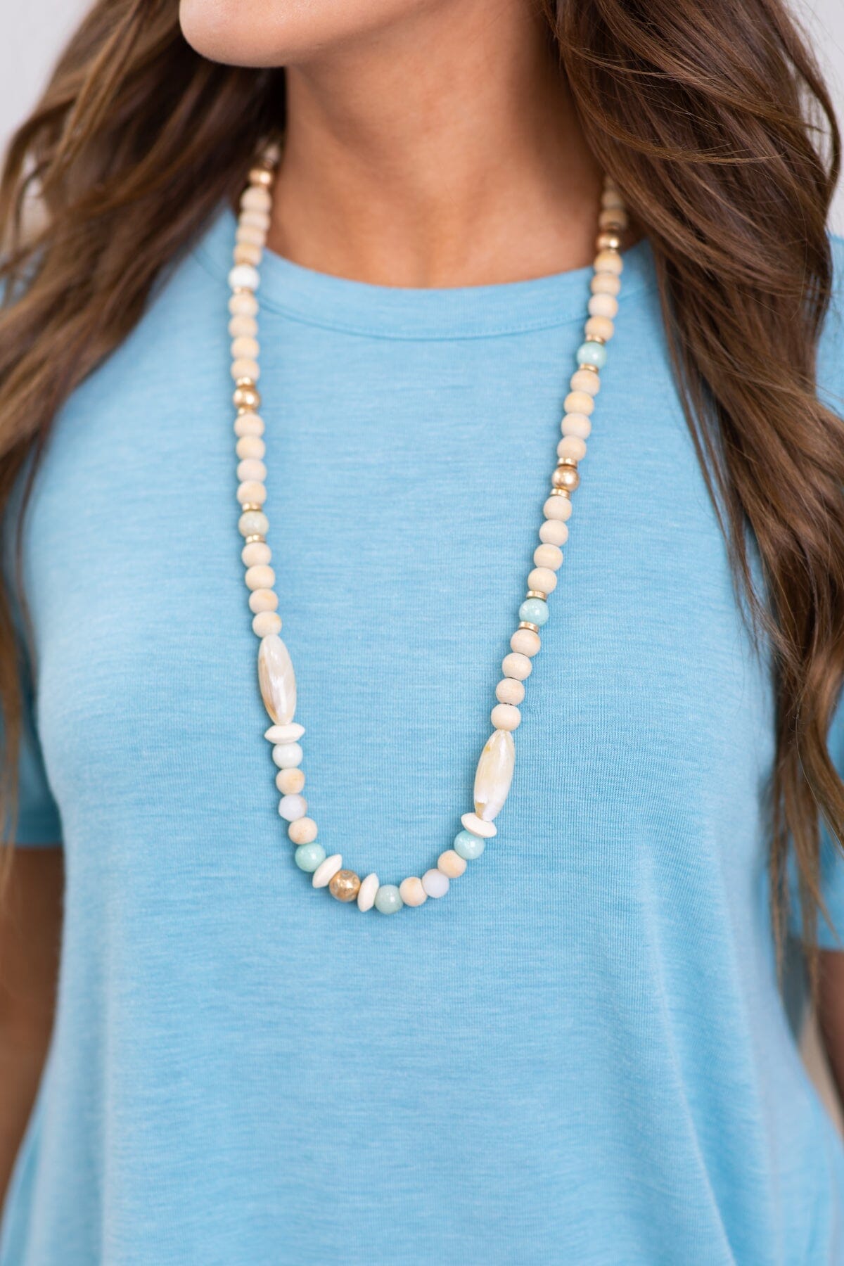 Beige and Mint Beaded Long Necklace - Filly Flair