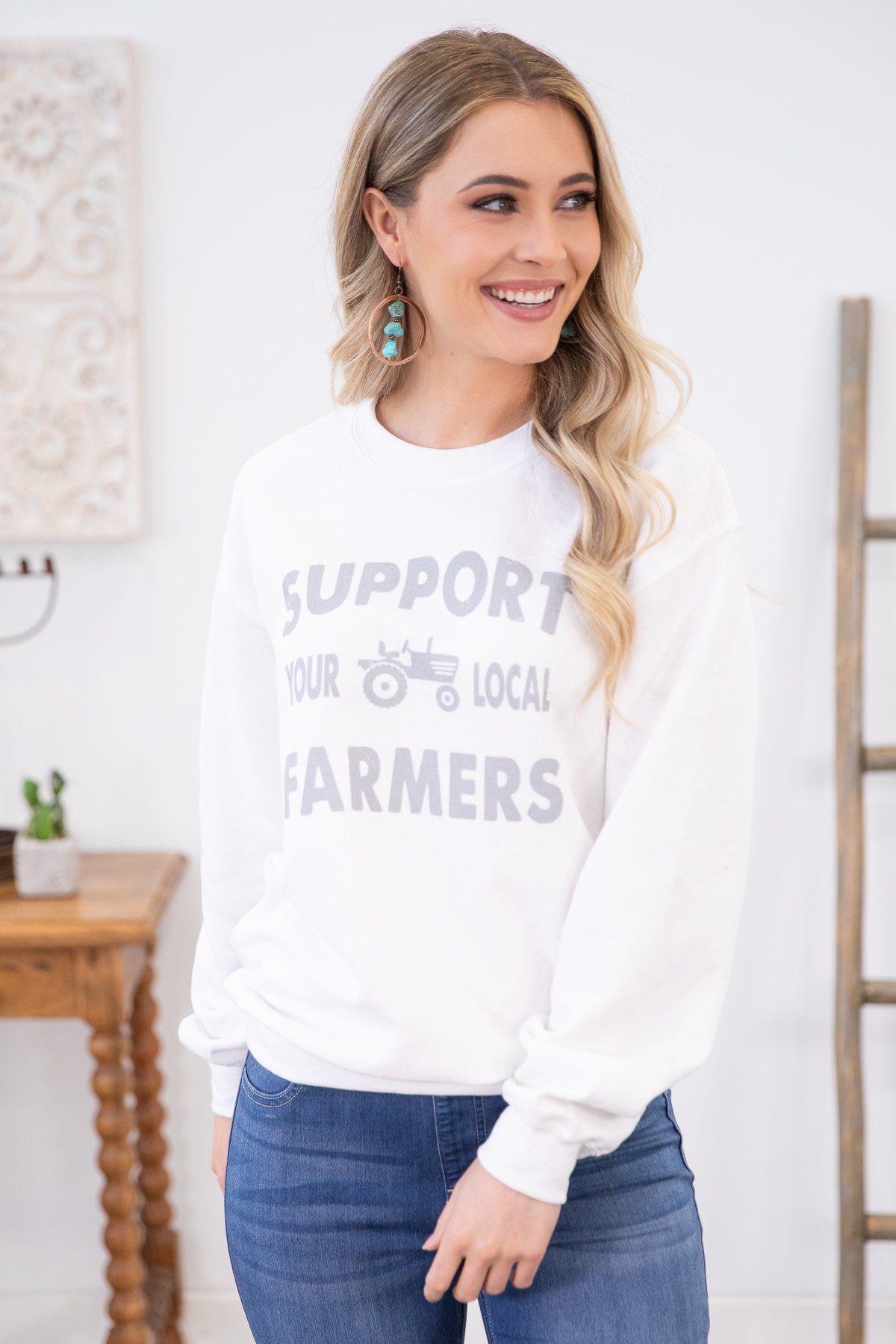 White Support Local Farmers Graphic Sweatshirt - Filly Flair