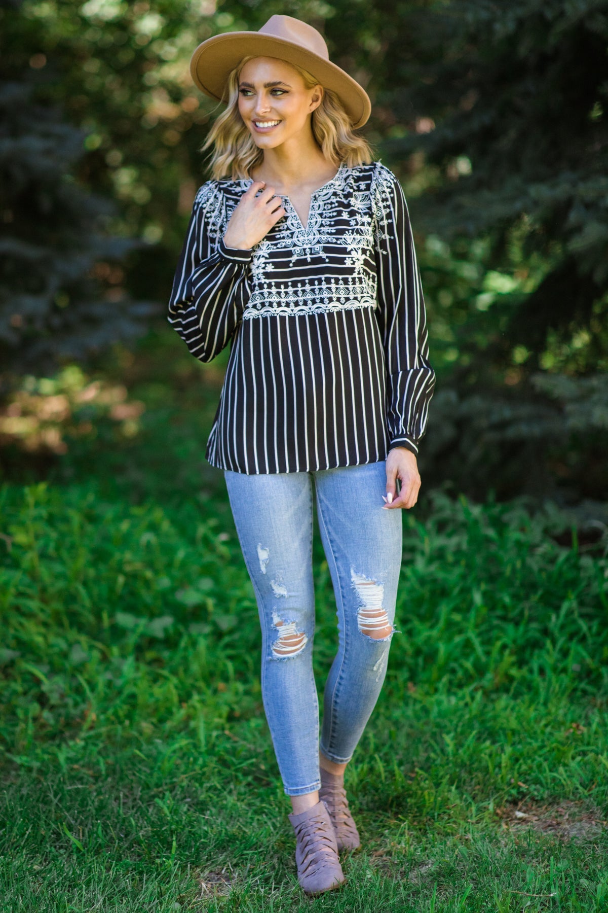 Black and Off White Stripe Embroidered Top - Filly Flair