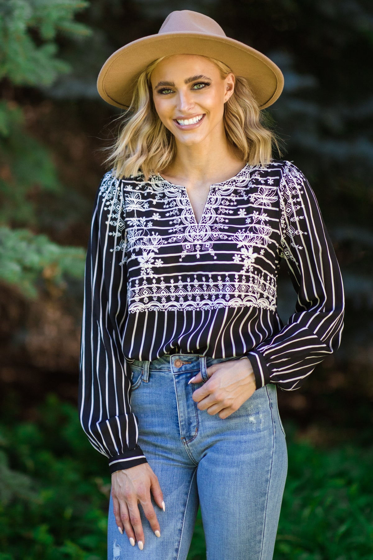 Black and Off White Stripe Embroidered Top - Filly Flair