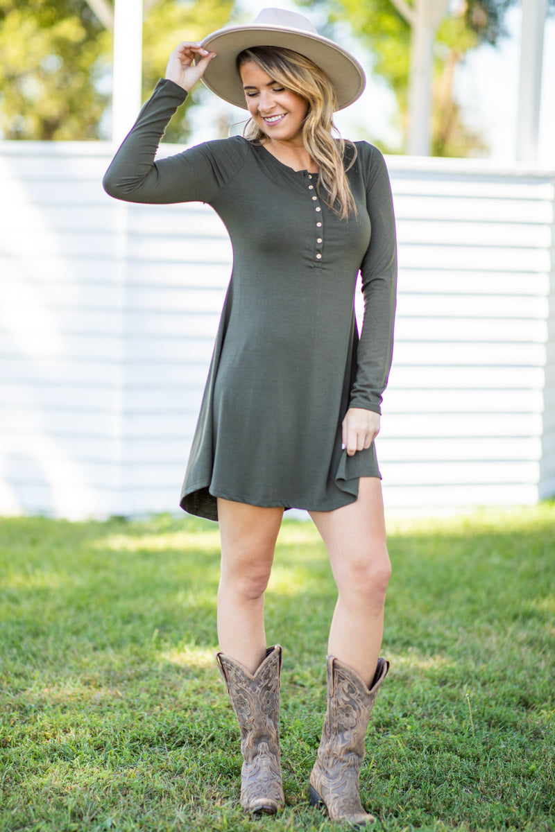 Olive Long Sleeve Knit Dress - Filly Flair
