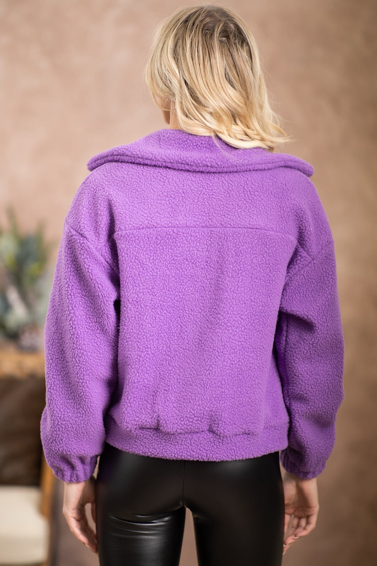 Purple Sherpa Jacket With Plaid Trim - Filly Flair