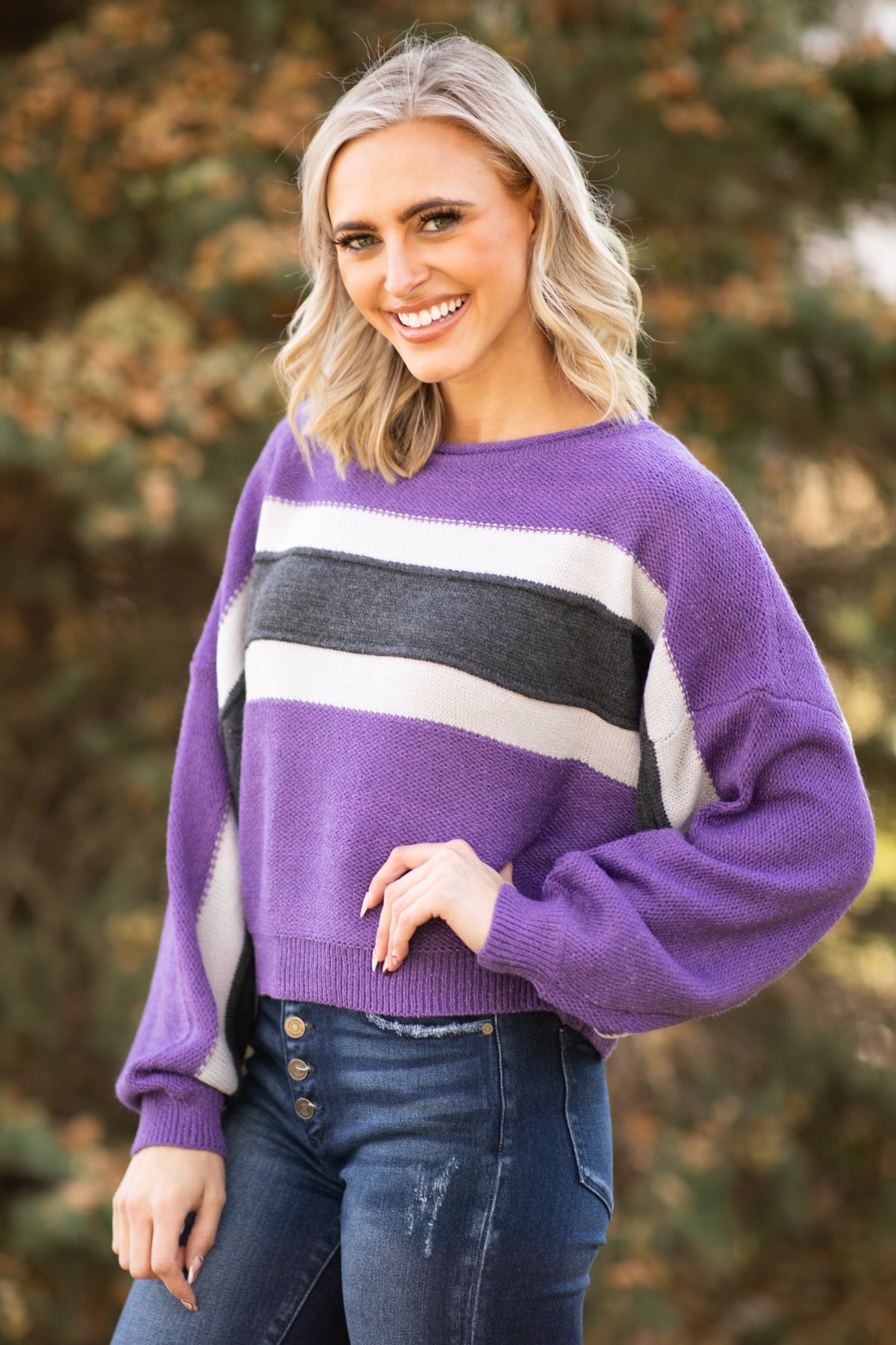 Purple and Charcoal Stripe Colorblock Sweater - Filly Flair