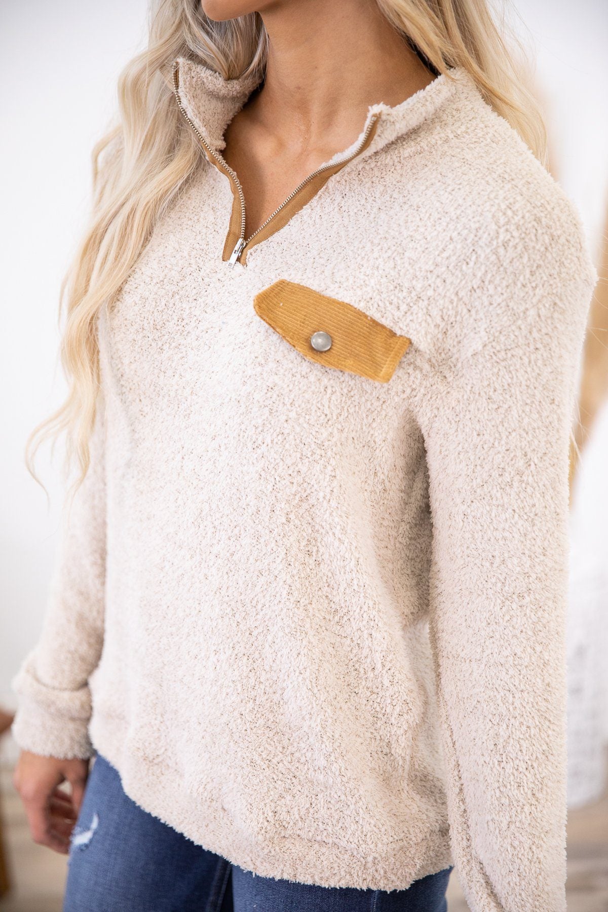 Oatmeal 1/4 Zip Fuzzy Pullover with Pocket - Filly Flair