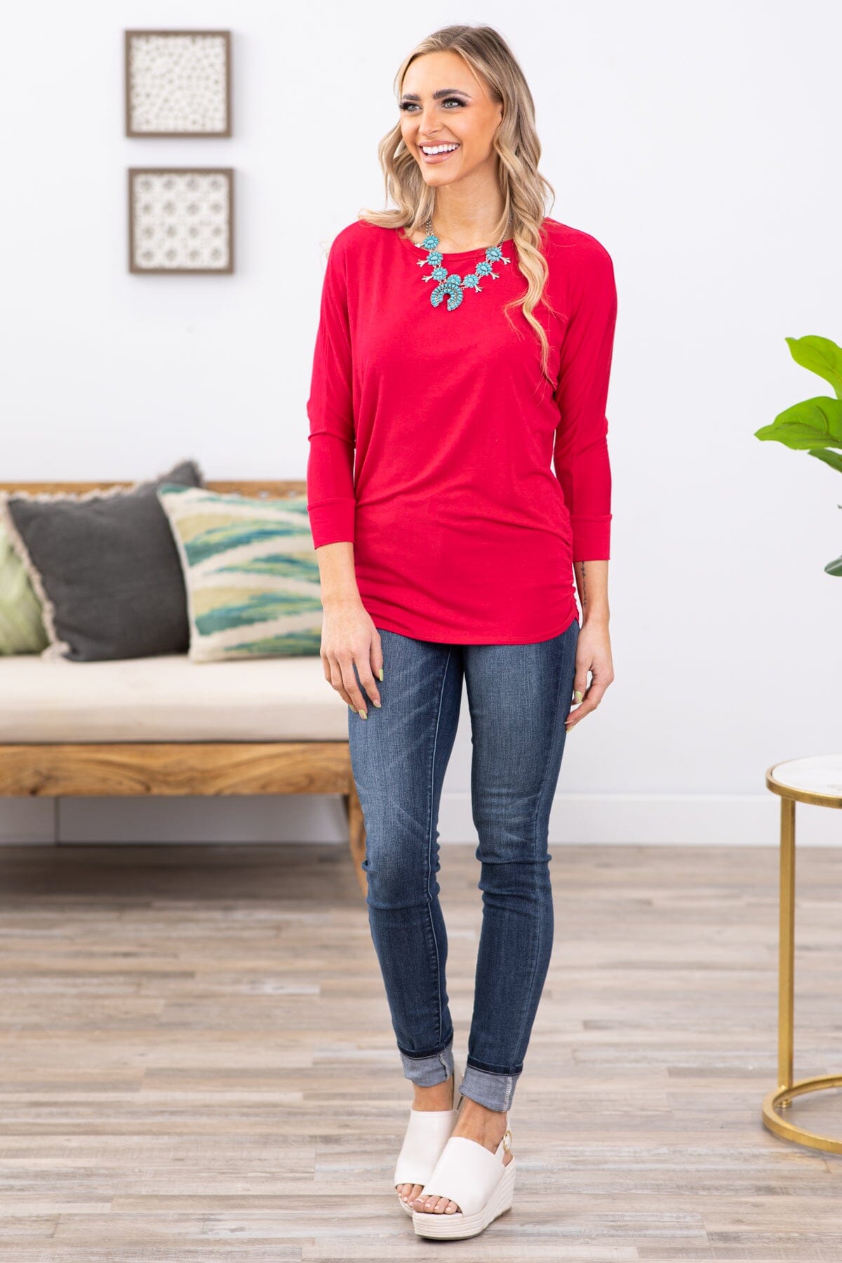 Red Dolman Sleeve Boat Neck Top - Filly Flair