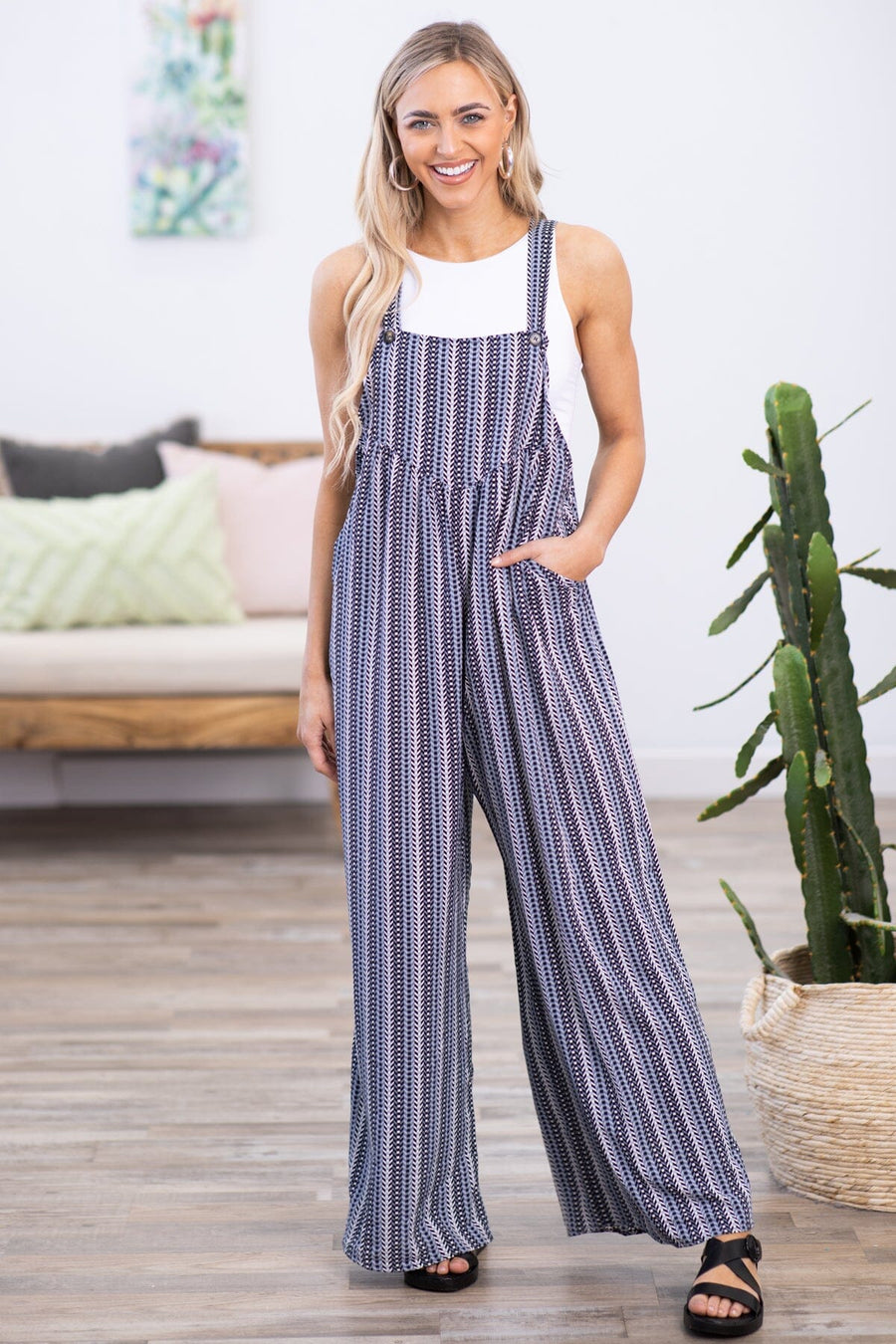 Black and Slate Blue Stripe Wide Leg Overalls - Filly Flair