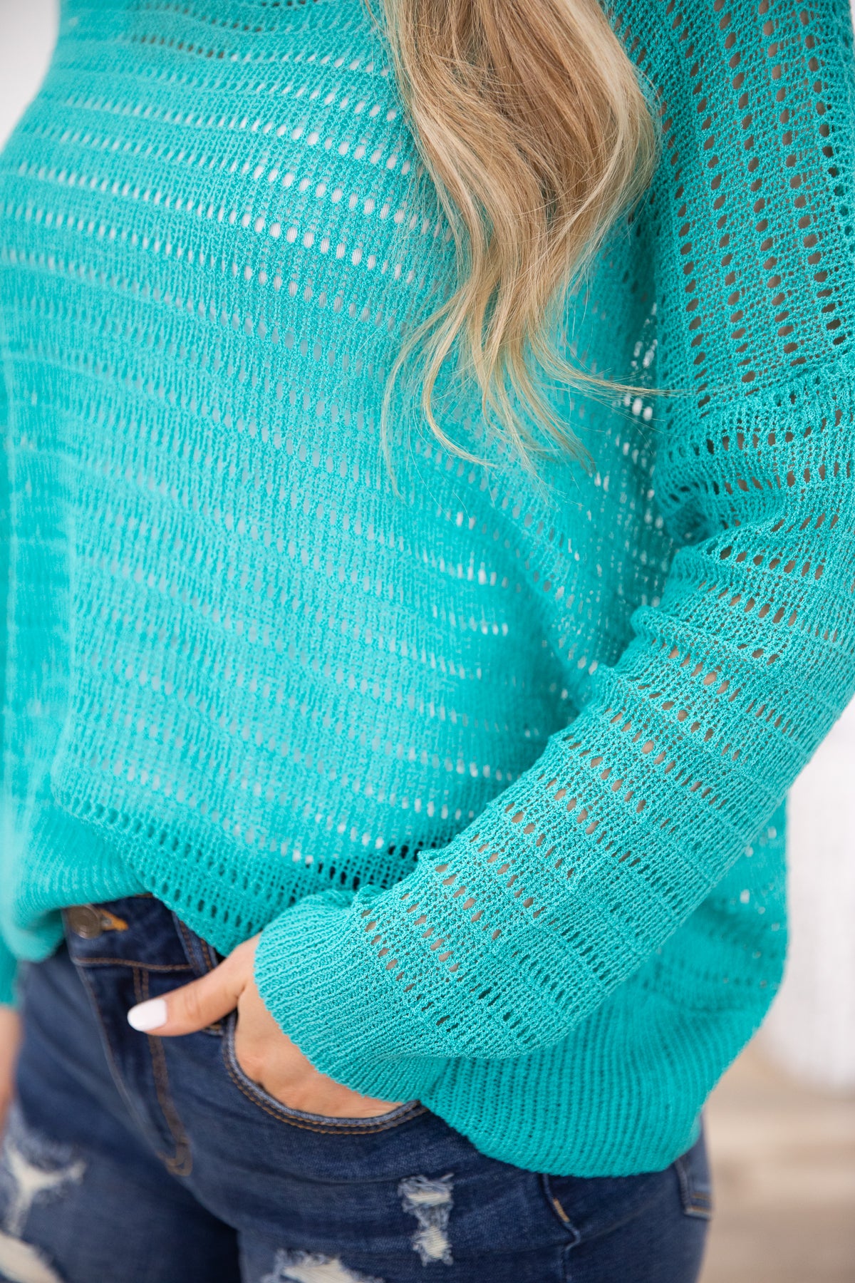 Turquoise Drop Shoulder Lightweight Sweater - Filly Flair