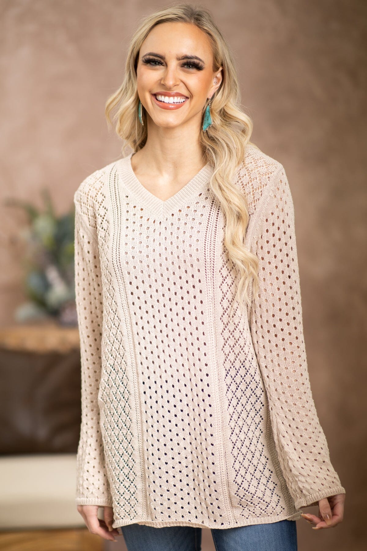 Oatmeal Pointelle Bell Sleeve Sweater - Filly Flair