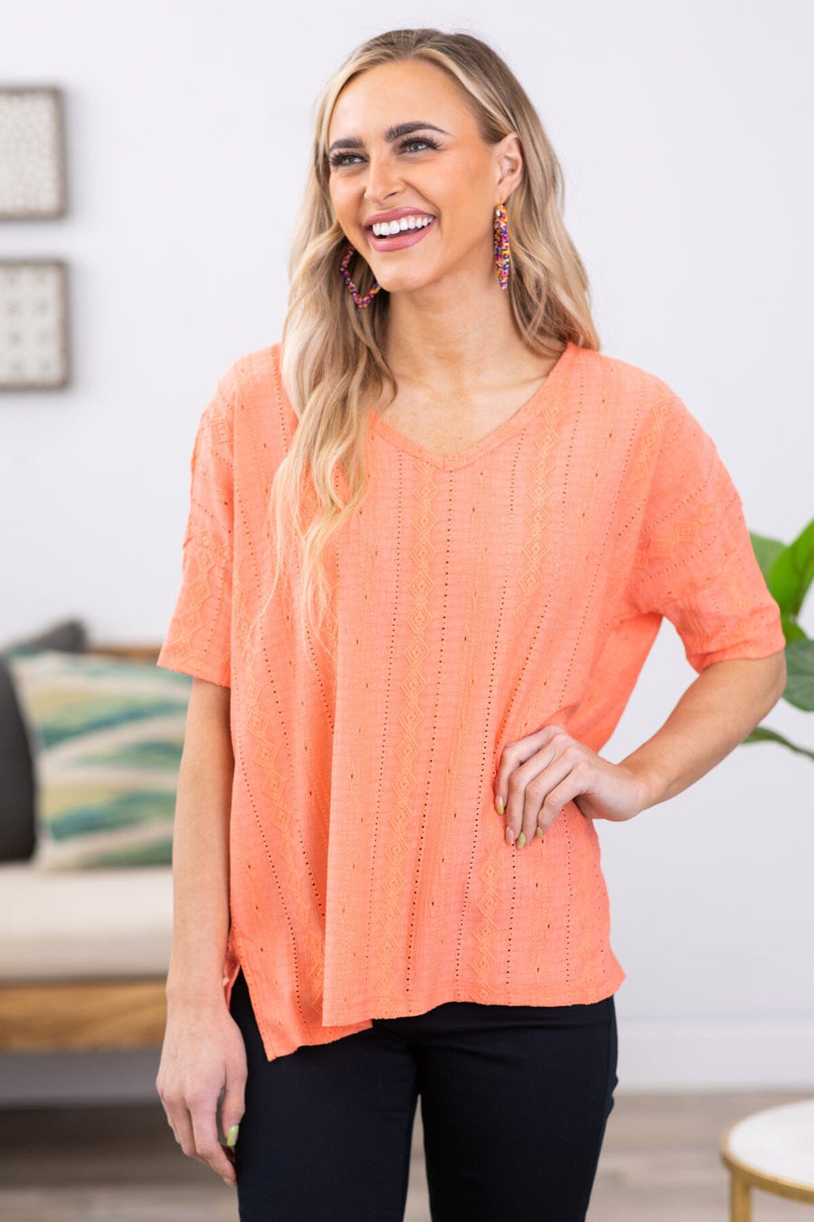 Neon Coral V-Neck Textured Dolman Sleeve Top - Filly Flair