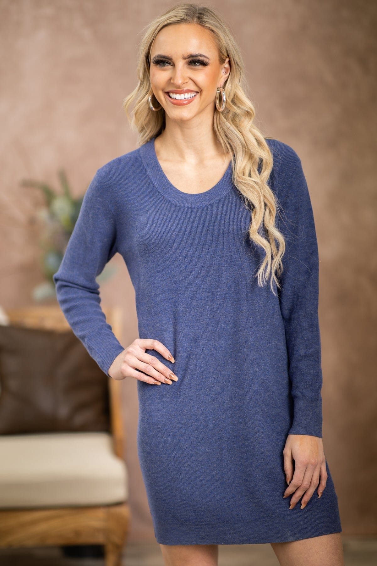 Blue Long Sleeve Lightweight Sweater Dress - Filly Flair