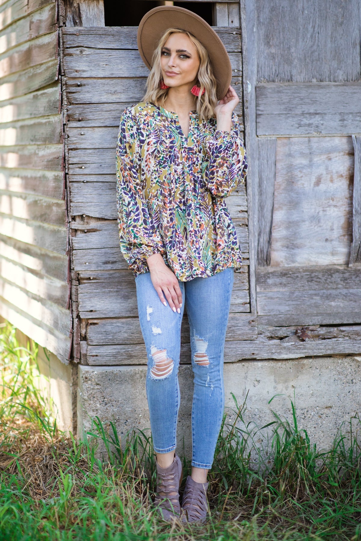 Olive Multicolor Leaf Print Balloon Sleeve Top - Filly Flair