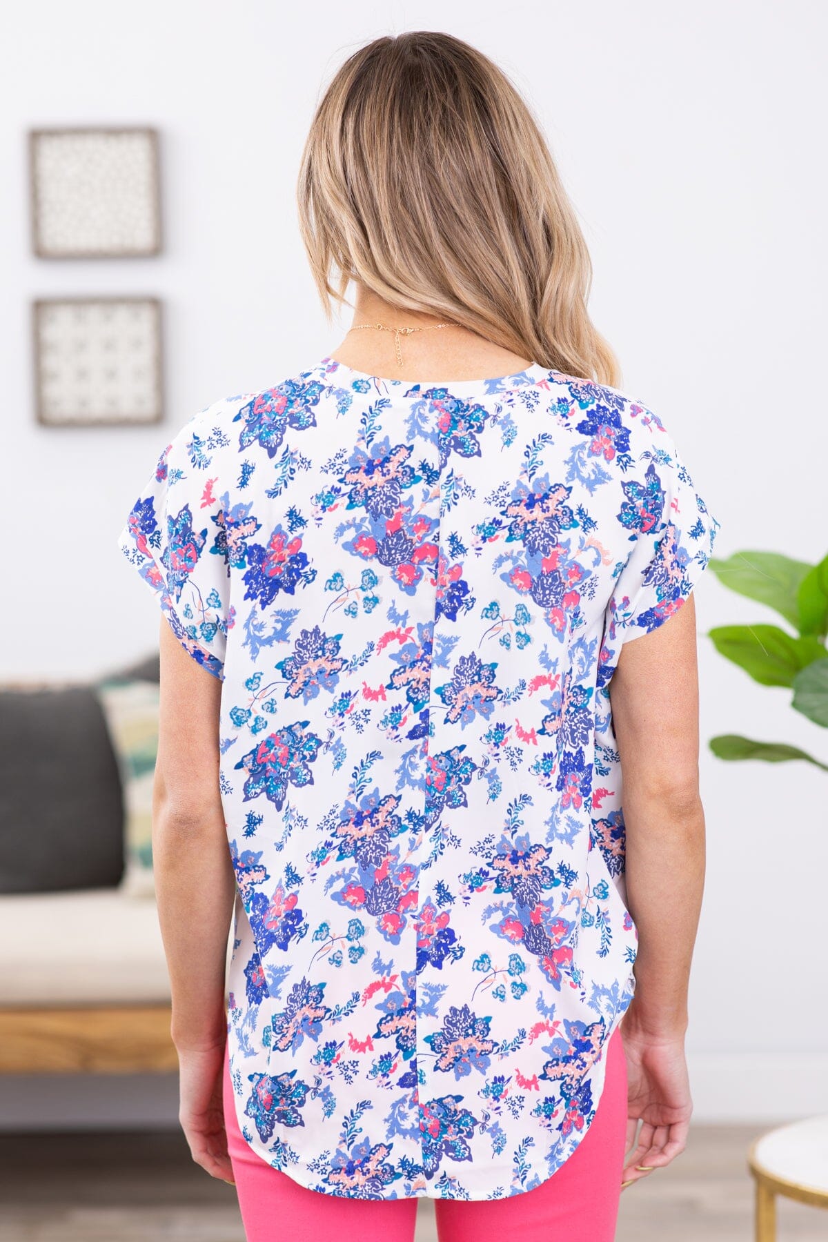 Cornflower and White Multicolor Floral V-Neck - Filly Flair