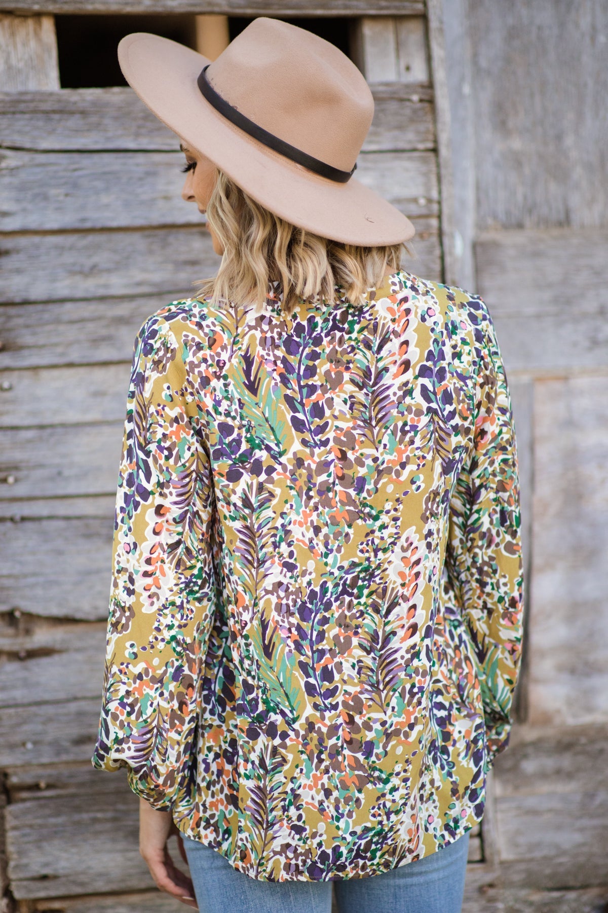 Olive Multicolor Leaf Print Balloon Sleeve Top - Filly Flair