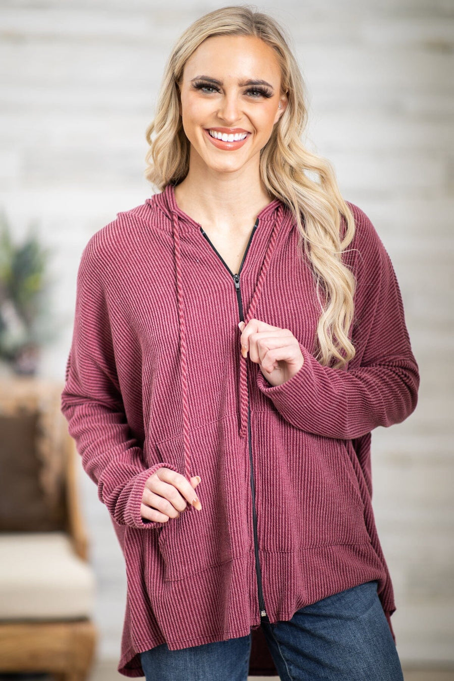 Burgundy Rib Knit Full Zip Hooded Top - Filly Flair
