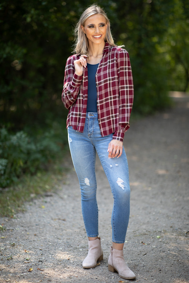 Burgundy and Beige Plaid Button Up Top - Filly Flair