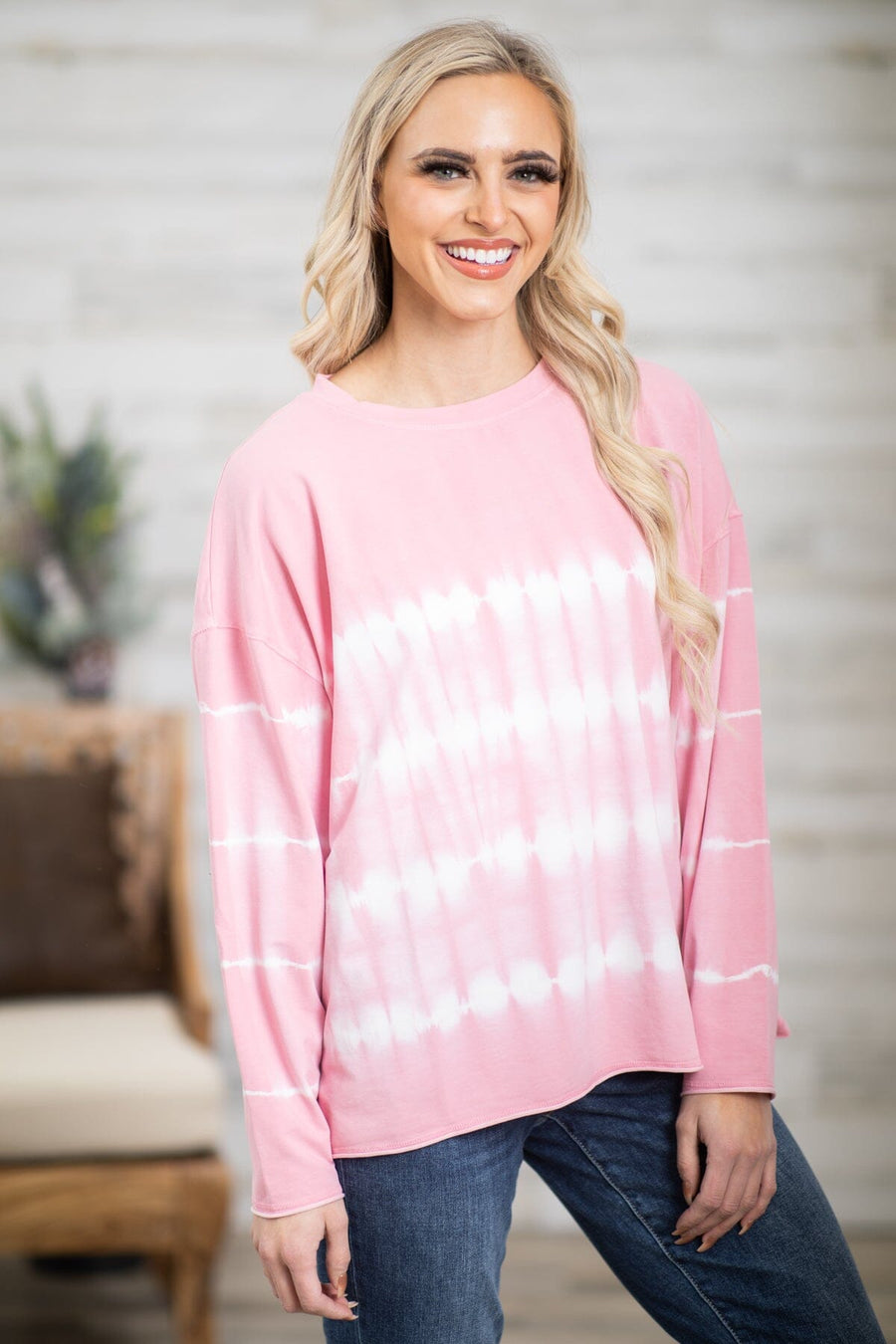 Pink and White Tie Dye Side Slit Top - Filly Flair