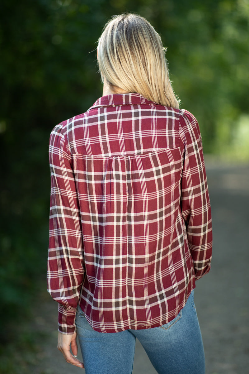 Burgundy and Beige Plaid Button Up Top - Filly Flair