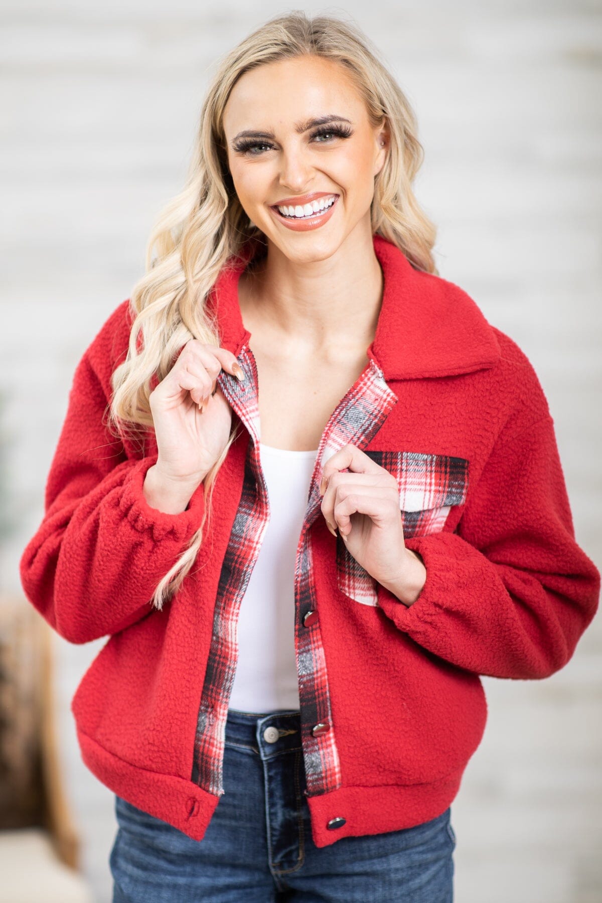 Wine Sherpa Jacket With Plaid Trim - Filly Flair