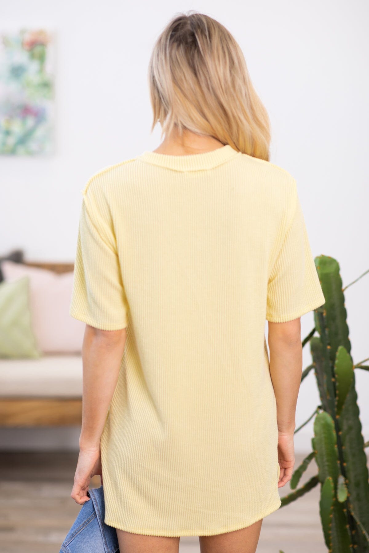 Yellow Ribbed Knit V-Neck T-Shirt Dress - Filly Flair