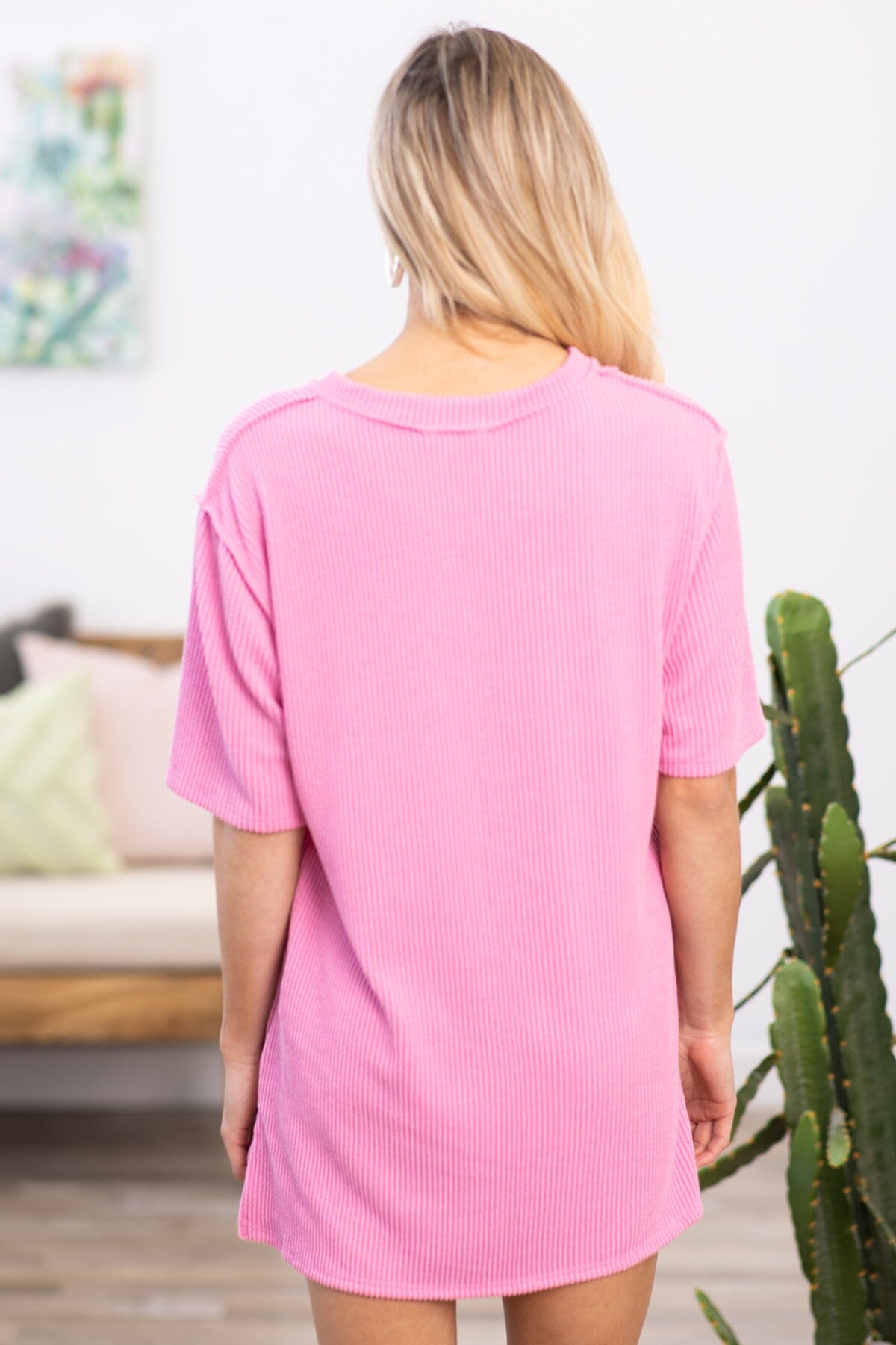 Pink Ribbed Knit V-Neck T-Shirt Dress - Filly Flair