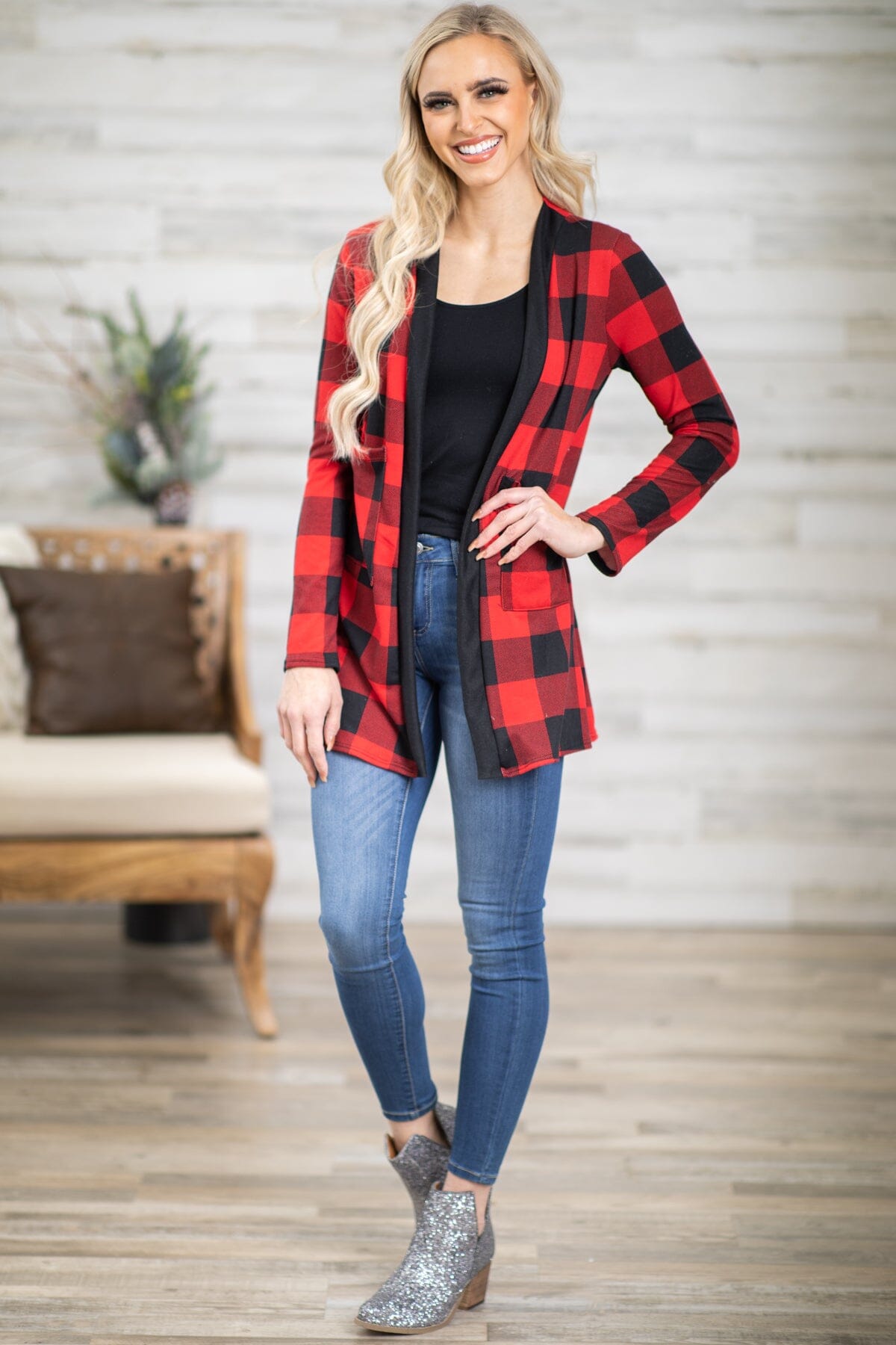 Red Buffalo Plaid Cardigan With Pockets - Filly Flair