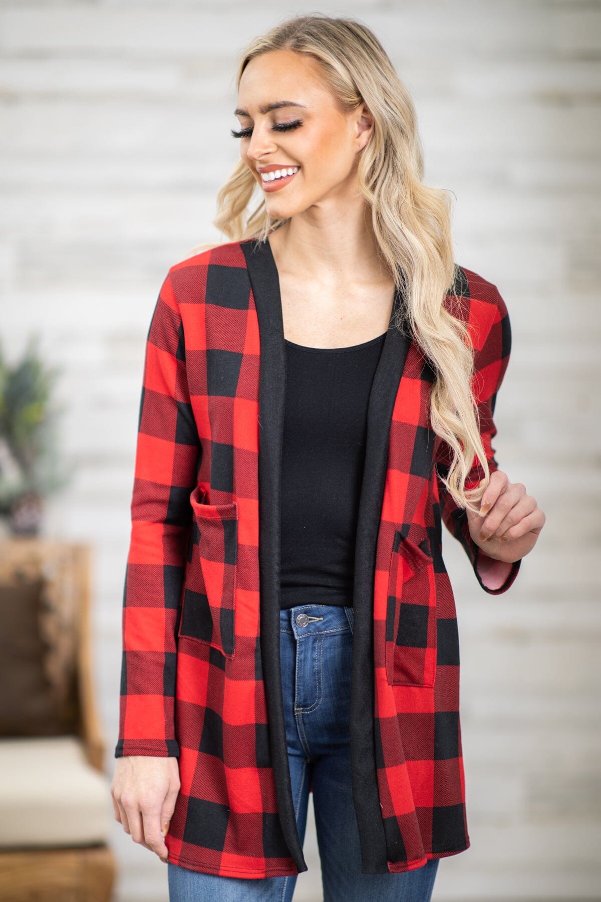 Red Buffalo Plaid Cardigan With Pockets - Filly Flair