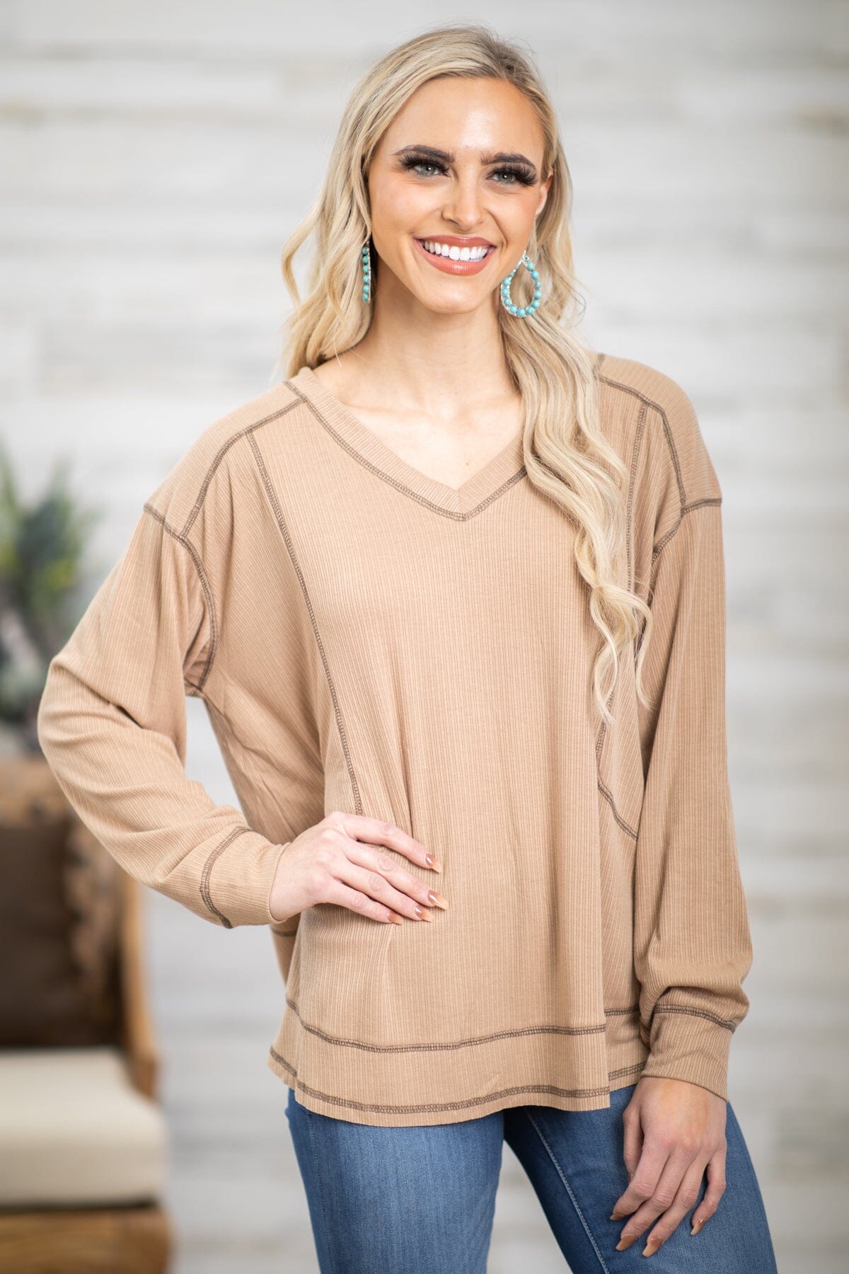 Taupe Contrast Seam V-Neck Top - Filly Flair