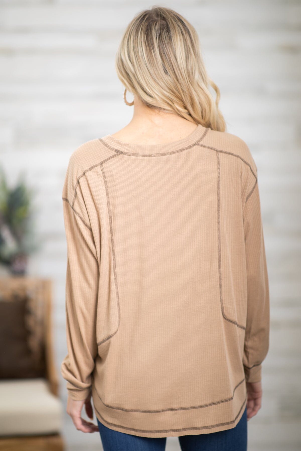 Taupe Contrast Seam V-Neck Top - Filly Flair