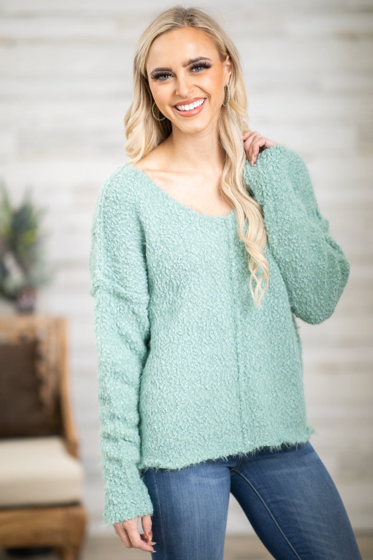 Sage V-Neck Eyelash Sweater