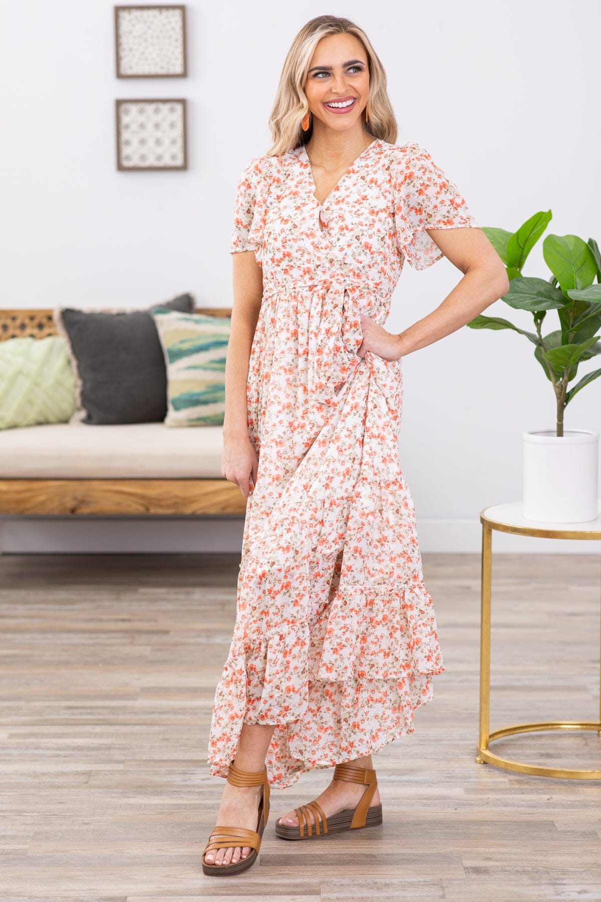 Off White Floral Short Sleeve Maxi Dress - Filly Flair