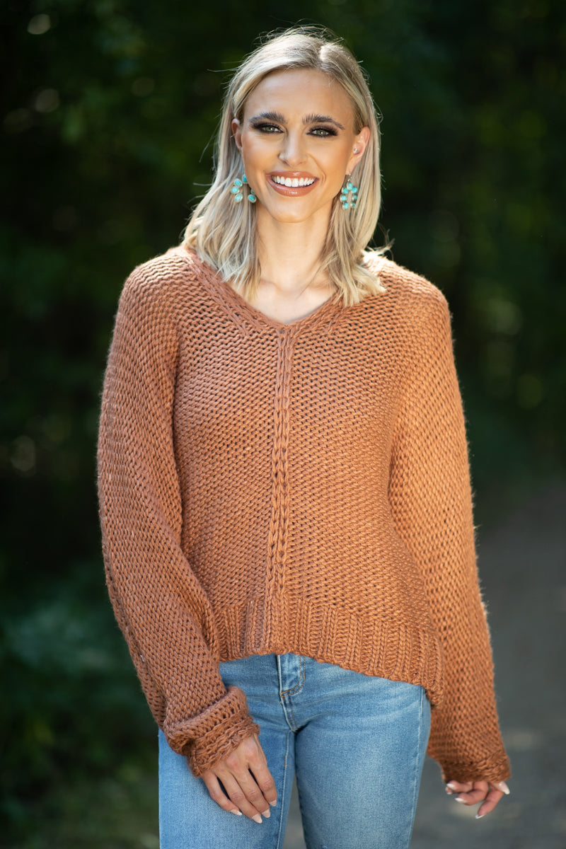 Cinnamon Front Seam V-Neck Sweater - Filly Flair