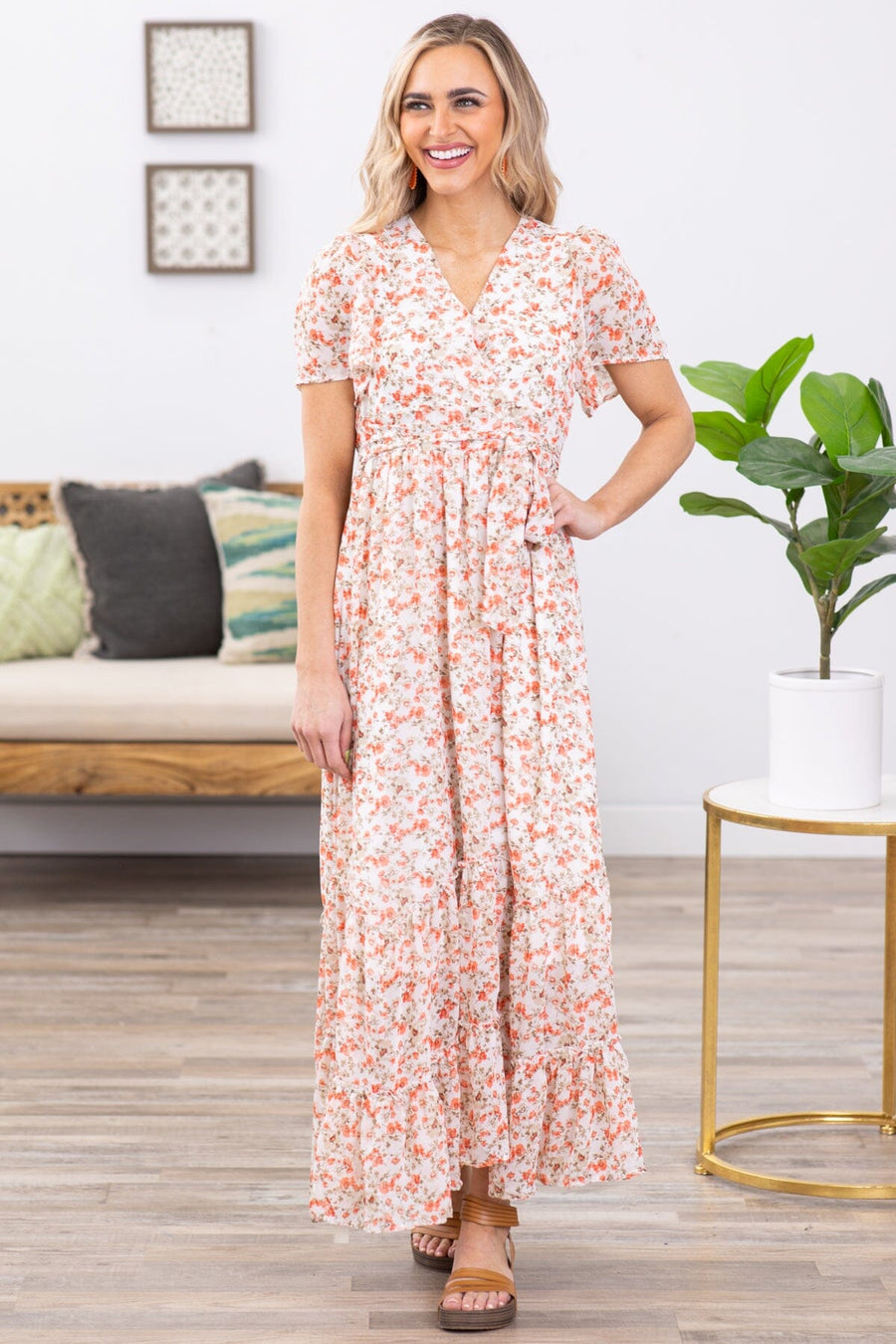 Off White Floral Short Sleeve Maxi Dress - Filly Flair