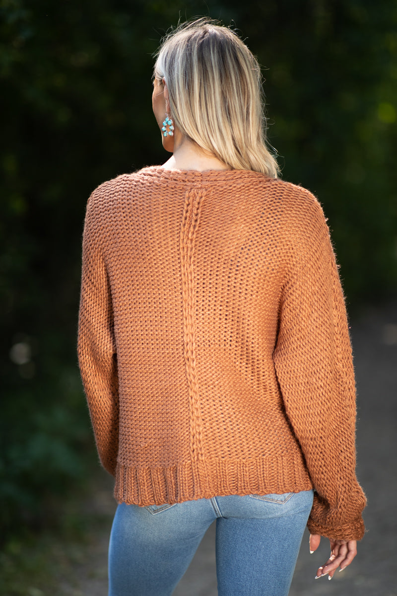 Cinnamon Front Seam V-Neck Sweater - Filly Flair