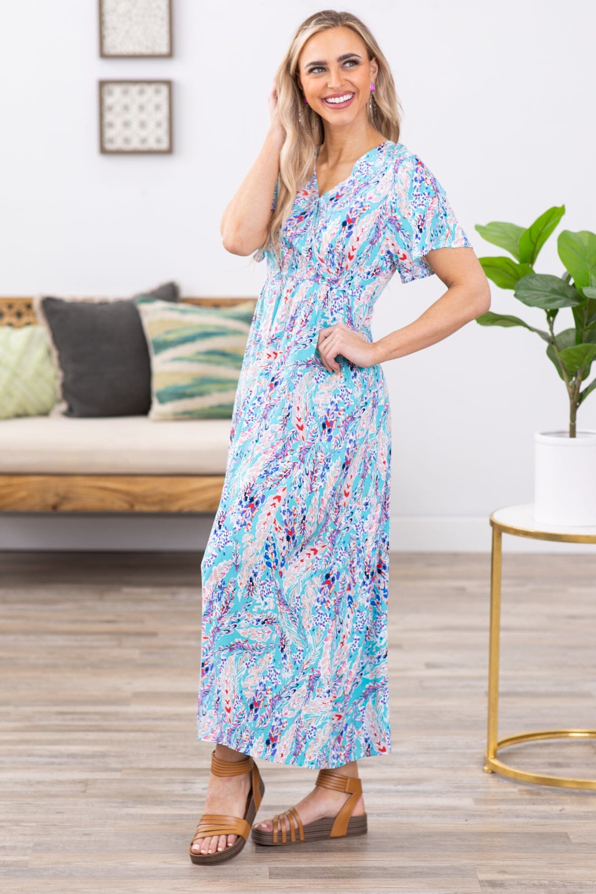Aqua and Violet Leaf Print Maxi Dress - Filly Flair