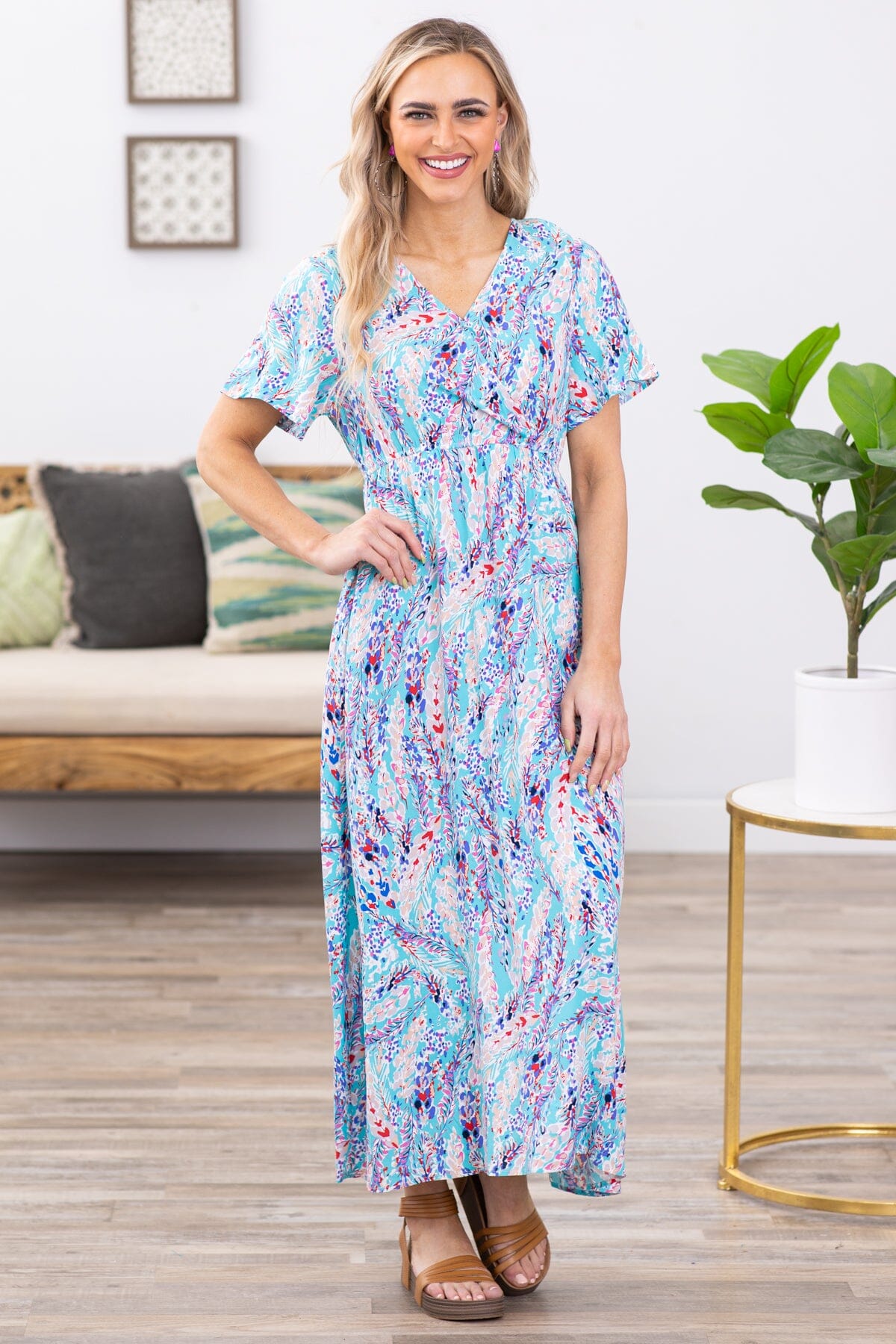 Aqua and Violet Leaf Print Maxi Dress - Filly Flair