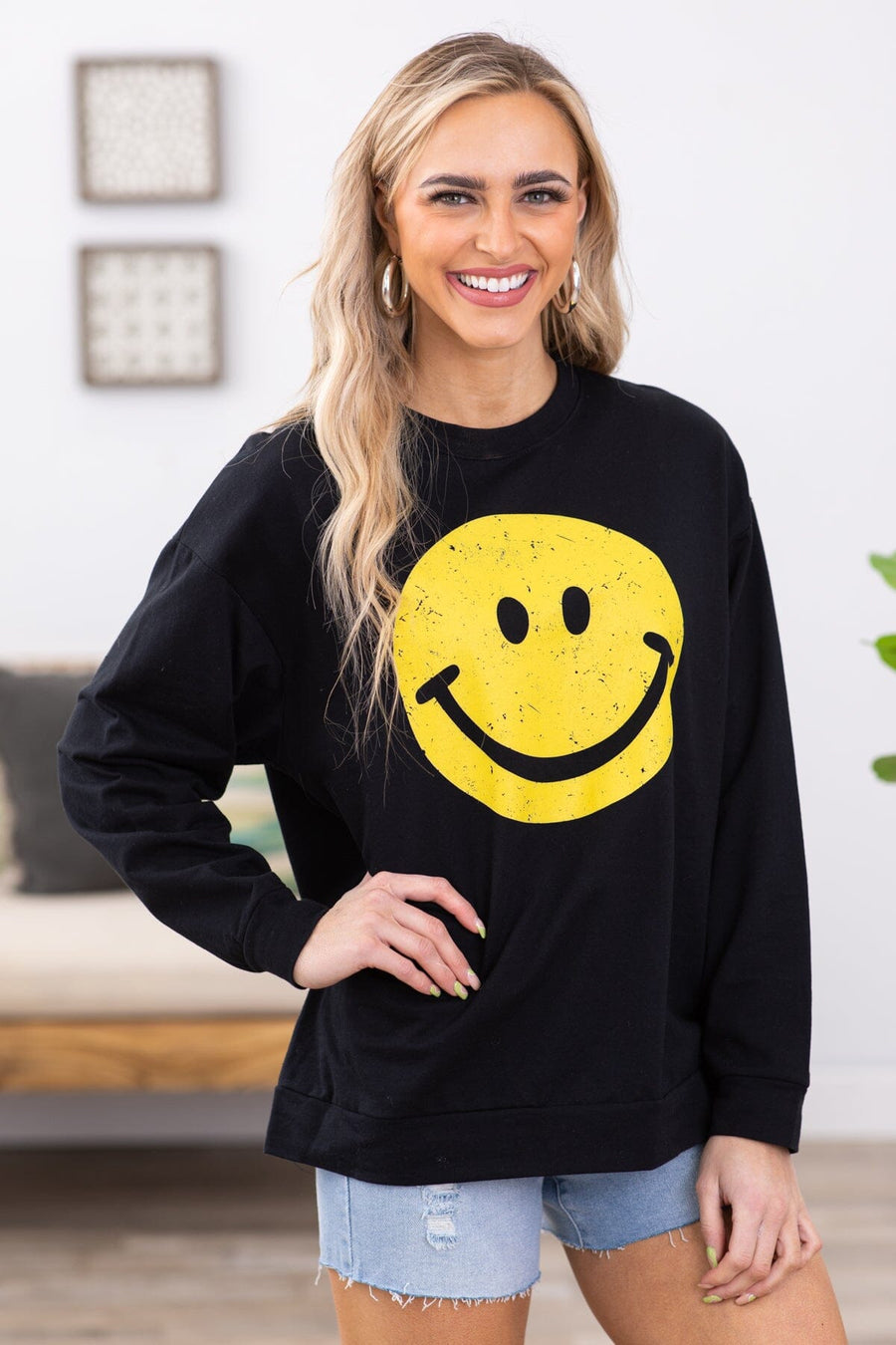 Black and Yellow Smiley Graphic Sweatshirt - Filly Flair
