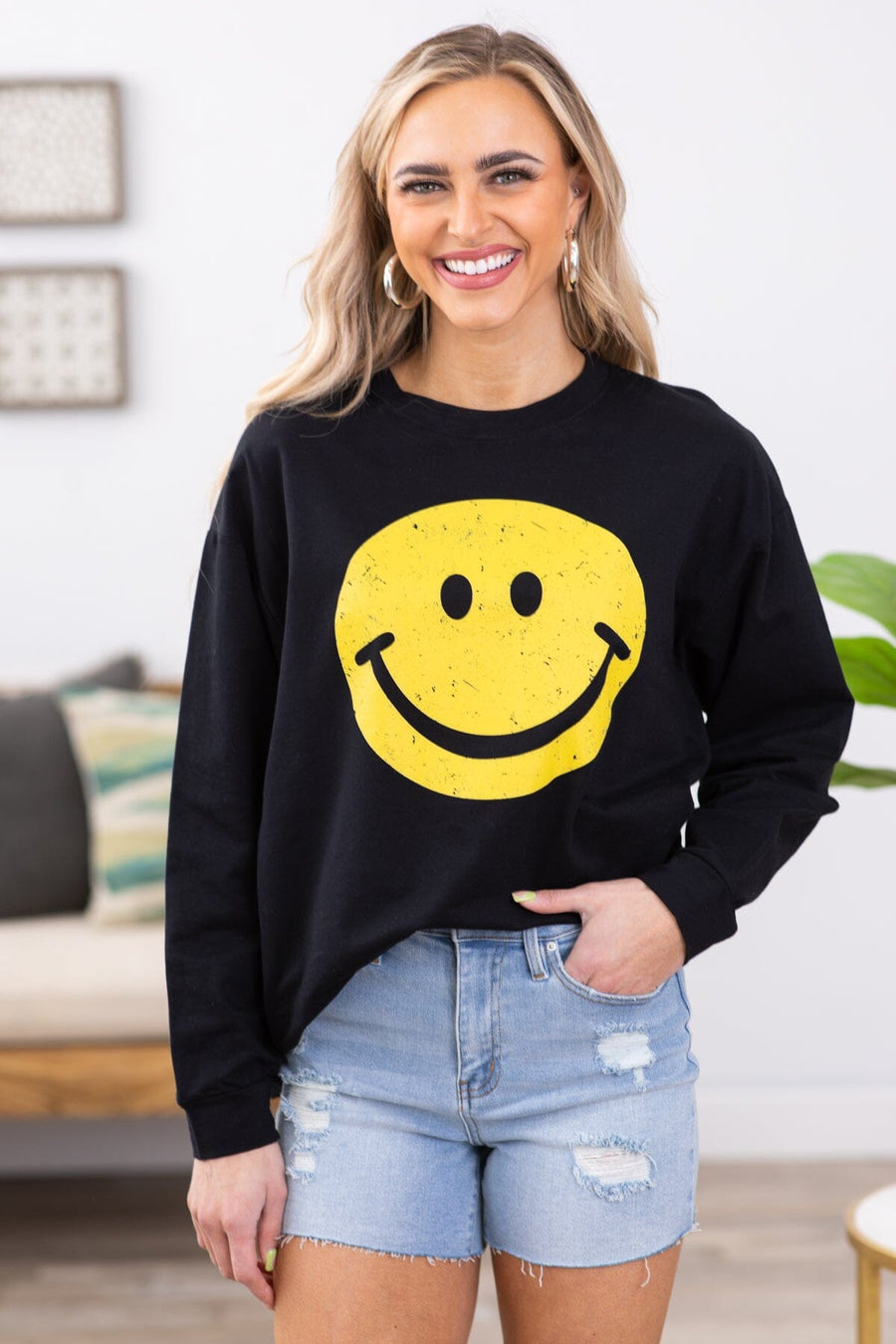 Black and Yellow Smiley Graphic Sweatshirt - Filly Flair