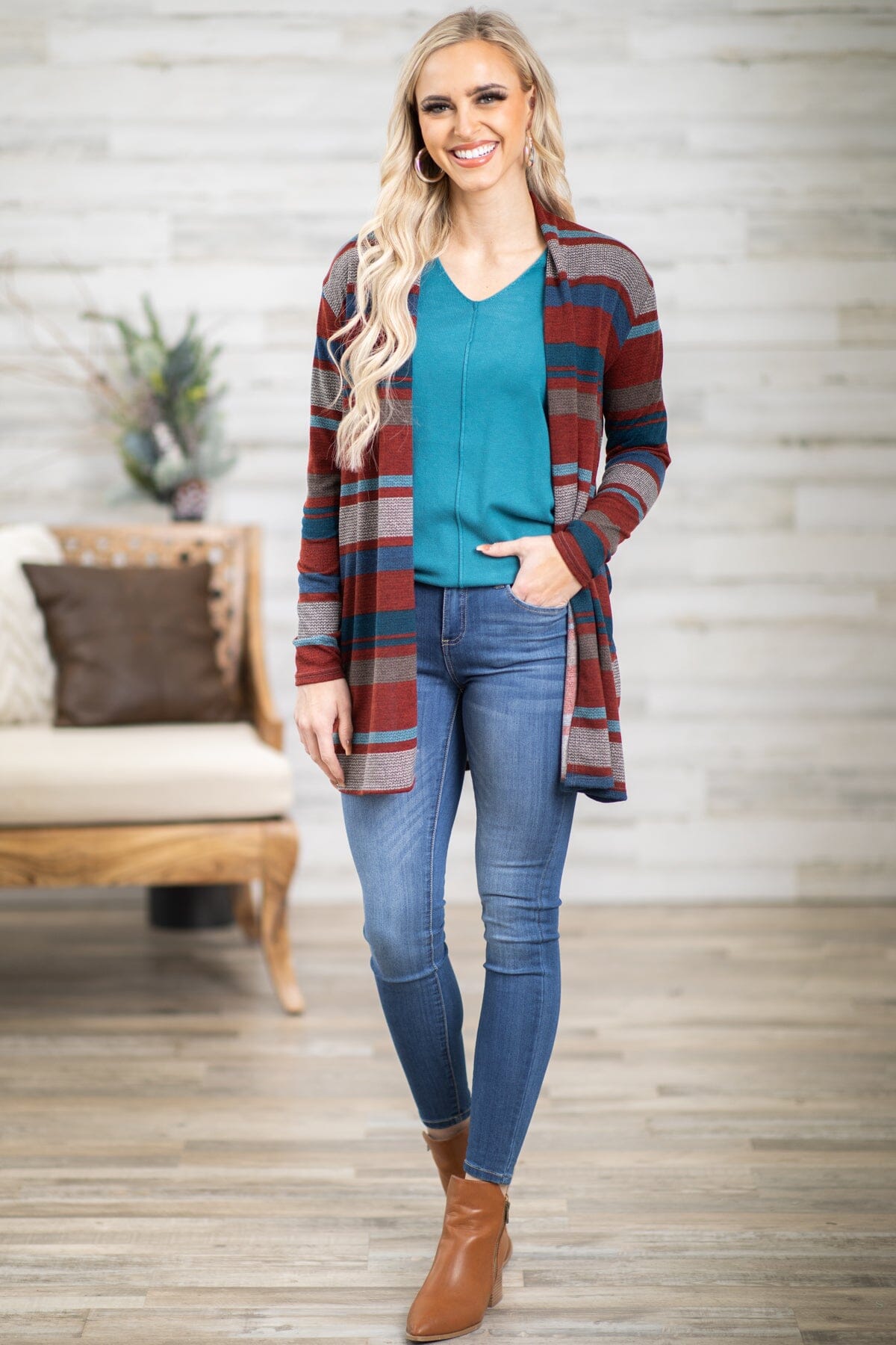 Cranberry and Blue Stripe Cardigan - Filly Flair